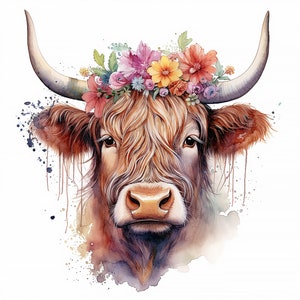 Watercolor Highland cow head clipart with colorful flower crown and horns