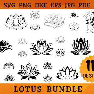 Lotus flower SVG cut file bundle with black lotus silhouettes and floral mandala icons