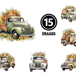 Vintage floral delivery truck clipart bundle, 15 printable images with rustic trucks and flowers
