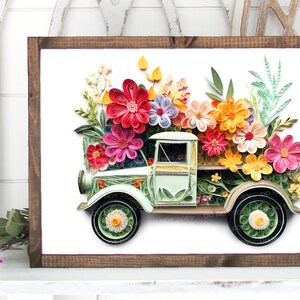 3D Paper Art - Old Green Floral Truck 3D - White Glow  - Design Elements - Printable/Sublimation File | Instant Download | PNG