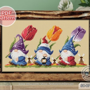 Counted cross stitch pattern featuring gnomes with tulips and fairy-style characters