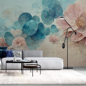 Watercolor floral peel-and-stick wallpaper with blue hydrangea-style blooms and pink flowers