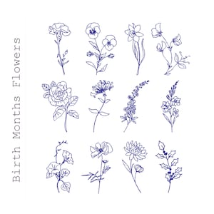 Set of 12 minimal wildflower embroidery designs, blue line floral sketches