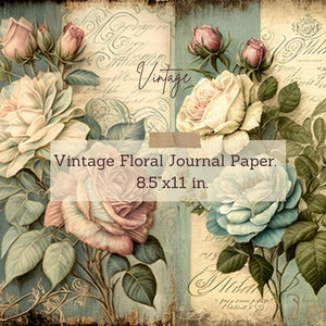 Vintage floral journal paper scrapbook clipart set, 8.5x11 in pages with roses