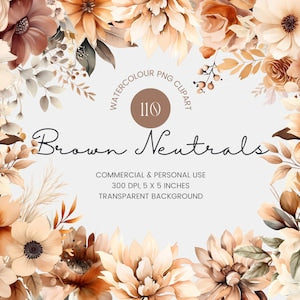 Brown and neutral watercolor floral wreath clipart with leaves and blossoms