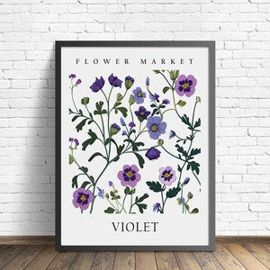 Violet flower market framed art print with violet and purple blossoms, text 'FLOWER MARKET'.