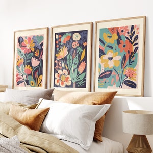 Set of 3 botanical flower wall art prints in wooden frames, colorful floral designs