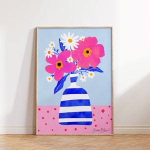 Maximalist wall art poster with pink flowers in striped vase, wooden frame