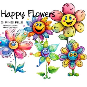 Colorful watercolor flower and bee PNG clipart set with cheerful cartoon insects