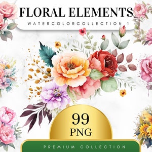 Set of 99 watercolor floral clipart with colorful flowers and a “99 PNG” badge