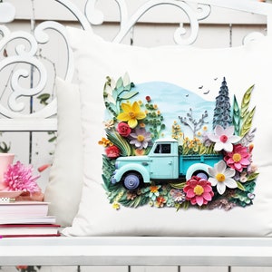 3D Paper Art - Old Blue Truck with Flowers Trees - 3D - White Glow  - Design Elements - Sublimation File | Instant Download | PNG
