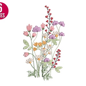 Floral embroidery design with multi-color wildflower stems, leaves, and small blossoms