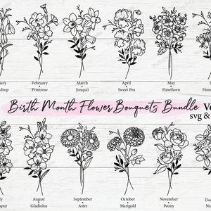 Birth month flower bouquet line-art SVG bundle with month names, black floral drawings