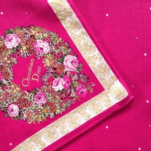 Vintage Christian Dior handkerchief, pink fabric with gold trim and floral flower-wreath print
