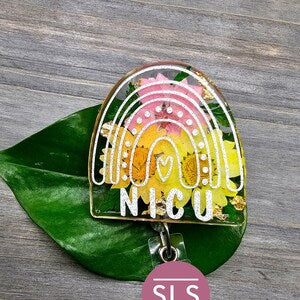 NICU rainbow badge reel with rainbow design and badge clip
