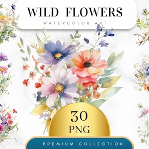 Watercolor spring wildflowers clipart set with bouquet, 30 PNG premium collection badge