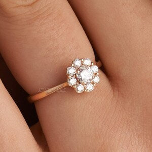 0.2CT Moissanite Flower Engagement Ring, Nature Inspired Floral Halo Solitaire Ring, 14K Solid Gold Minimalist Dainty Wedding Ring for Her