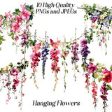 Watercolor hanging flowers clipart, 10 high quality JPEG and PNG files, floral clip art, botanical clipart, card making, printable graphics