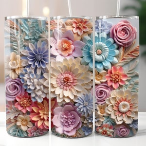 Pastel floral 3D tumbler wrap with layered roses, daisies, and blue flowers