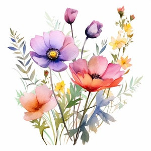 Watercolor wildflower bouquet clipart with purple, pink, and orange blooms