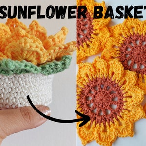 Crochet sunflower coaster pattern with yellow petals and dark red centers, crochet detail