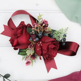 Artificial Burgundy Rose Wrist Corsage, Navy Wedding Wrist Corsage, Winter Wrist Corsage Bracelet, Bridesmaids Magnet Corsage For Prom