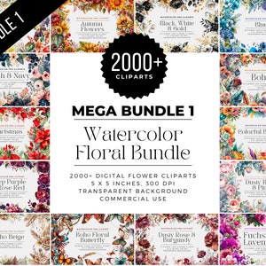 Watercolor floral clipart bundle PNG, multi-bouquet design on a promo collage
