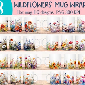 Wildflower watercolor mug wrap designs bundle with multiple 11oz layout previews