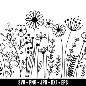Floral bouquet line-art SVG with thin black stems, small blossoms, and decorative border