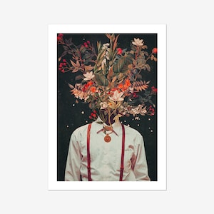 Botanical flower-head art print featuring a vintage portrait with autumn florals on paper