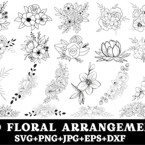 Floral arrangement SVG bundle with line-art flowers, roses, peonies, and border elements