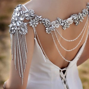 Silver beaded crystal wedding topper cape with dangling chain fringe