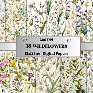 Wildflower digital paper set with 18 floral pages, 12x12 inch meadow flowers background