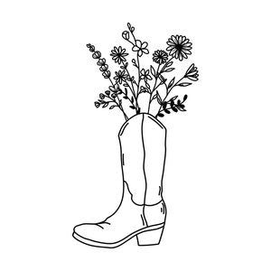 Cowboy boot line art with flower bouquet in a vase