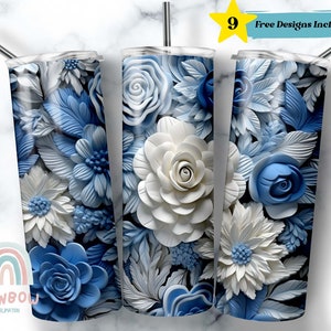 20oz tumbler wrap with blue and white 3D-style flower design on skinny mug