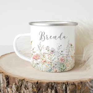 Personalized floral mug with name 'Brenda' and wildflower print, white ceramic