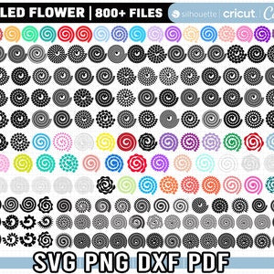 Rolled flower SVG cut files sheet with multiple small 3D-style flower icons