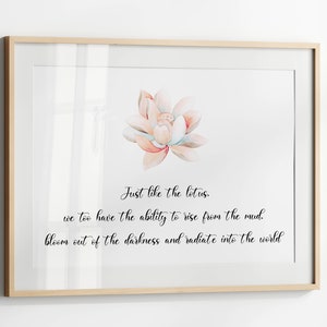 Framed horizontal lotus flower quote print with pink lotus and handwritten-style text