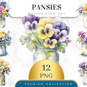 Watercolor pansies floral clipart in a glass jar, set of 12 PNGs
