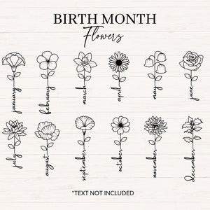 Birth month flowers line art bundle with outlined blooms and vertical handwritten labels