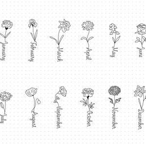 Birth flower line-art set with cursive month names, floral doodle icons