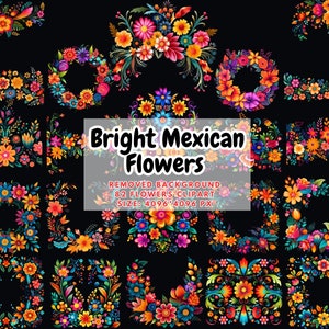 Vibrant Mexican-style watercolor floral clipart pattern with colorful wreaths