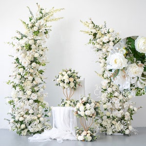 Artificial ivory rose and white flower wedding archway floral pillar row arrangement
