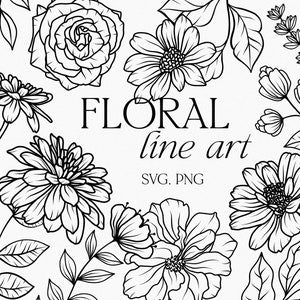 Floral line art clipart set with black fine-line flowers and leaves, assorted sketches
