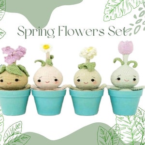 Set of 4 crocheted amigurumi flowers in small teal pots, bunny-shaped