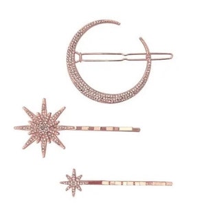 Rose gold celestial hair clip set with crescent moon and starburst barrettes
