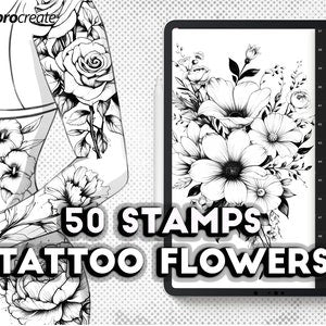Digital tattoo flower stamp brush set shown on a tablet screen, 50 stamps