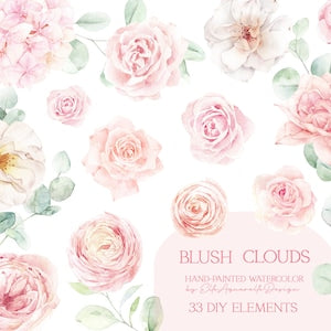 Watercolor blush roses and eucalyptus leaf clipart, 33 DIY floral PNG elements