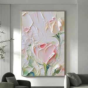 Textured pink floral oil painting on canvas, framed wall art with layered 3D petals