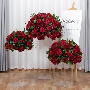 Large red rose flower ball table centerpiece, set of three on clear stands